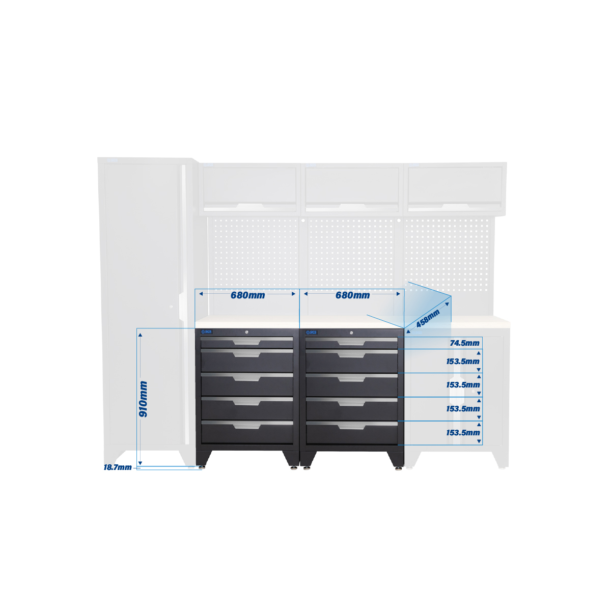SGS 10pc Modular Garage Storage | 10 Drawers | Plywood Worktop |Floor Cabinet | Tall Single Cabinet | 3x Upper Cabinets